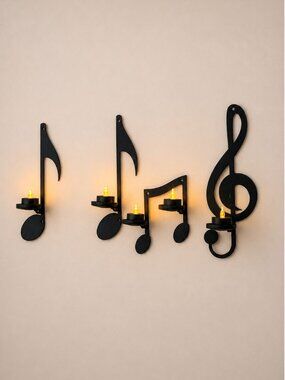 Music Note Wall Candle Sconces With Mikasa LED Tealights Set Of 4 Black Minimali